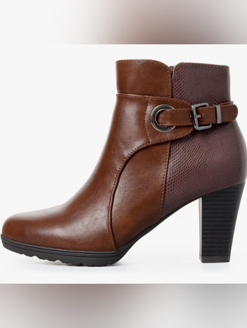 Women's Brown Two-Tone Buckle Ankle Boot with Block Heel